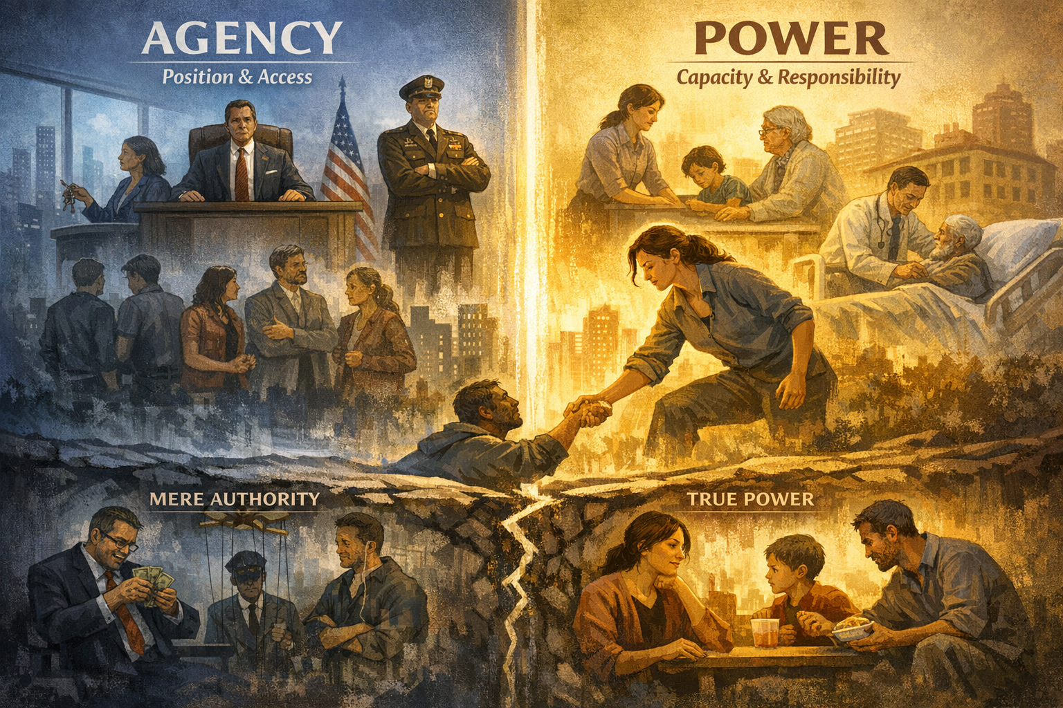 Split image showing Agency (position, influence, access) with authority figures and systems on the left, versus Power (capacity and responsibility) with people helping each other on the right