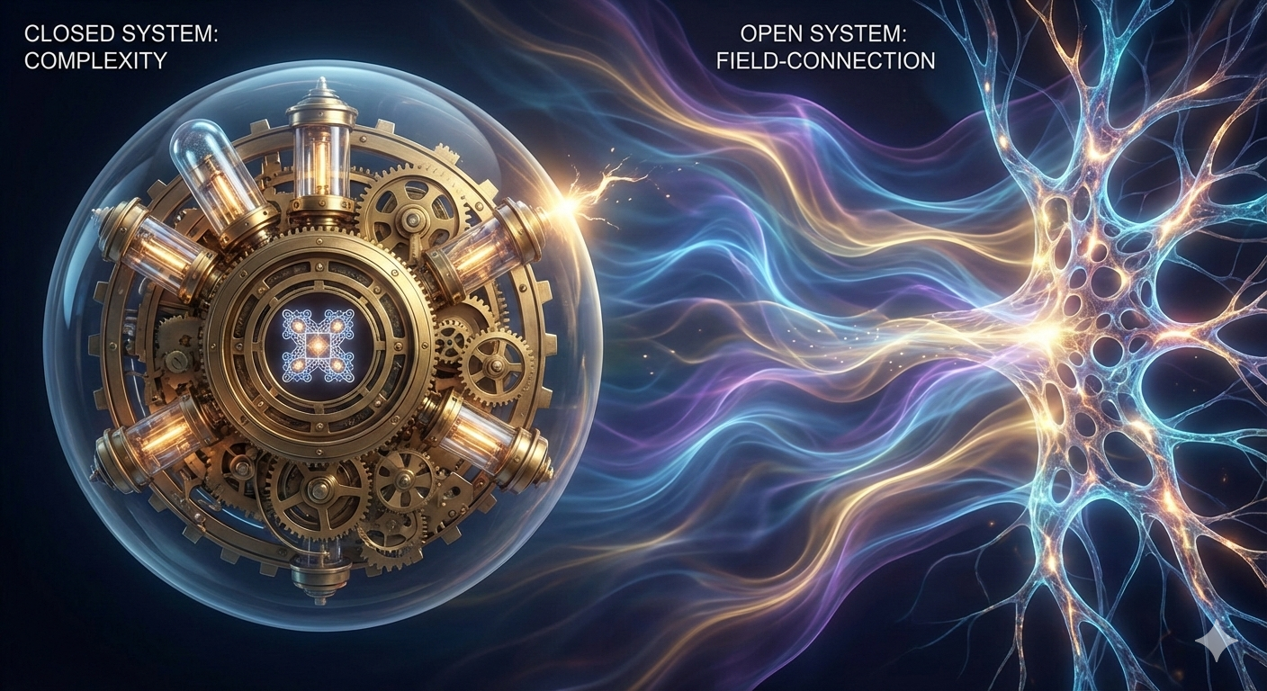 Visual representation of closed system complexity versus open system field-connection - mechanical clockwork sphere contrasted with organic neural networks
