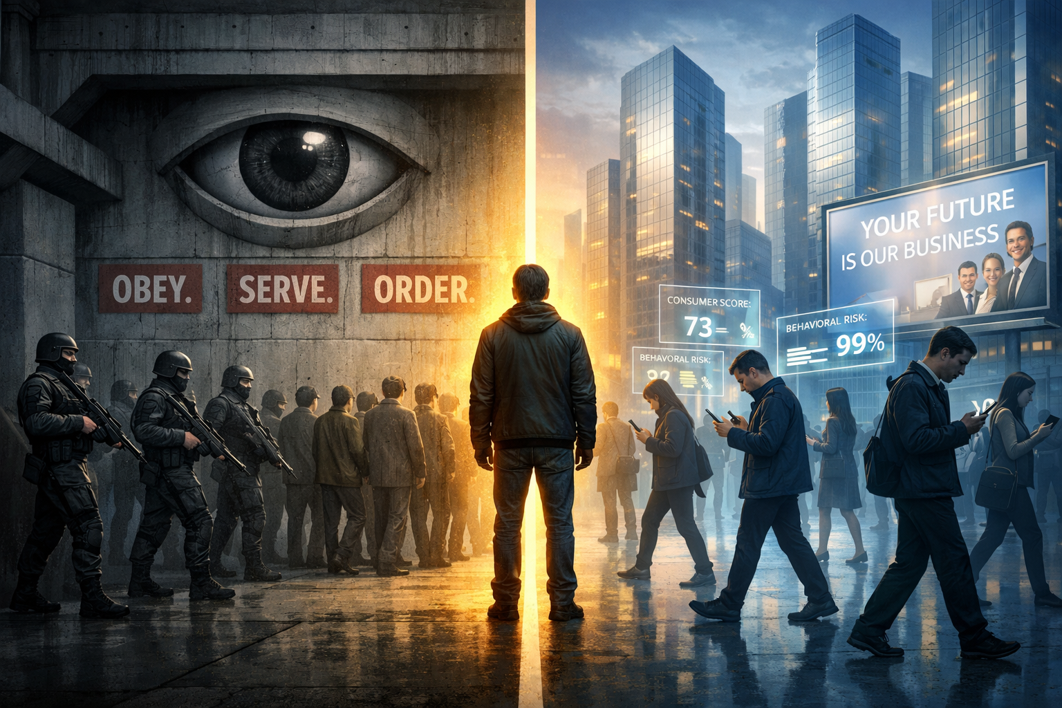 A person stands between a guarded concrete city marked “Obey. Serve. Order.” and glass towers where phone users are overlaid with consumer scores and behavioral risk ratings.