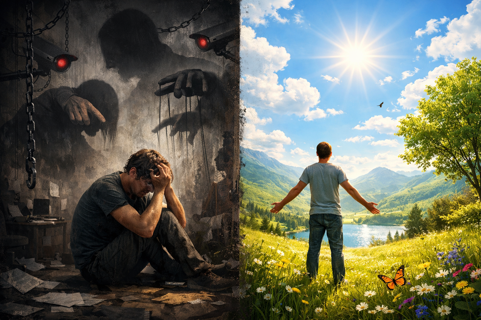 Contrast between capture and freedom: one side shows a person in despair under surveillance, the other shows the same person free in sunlight