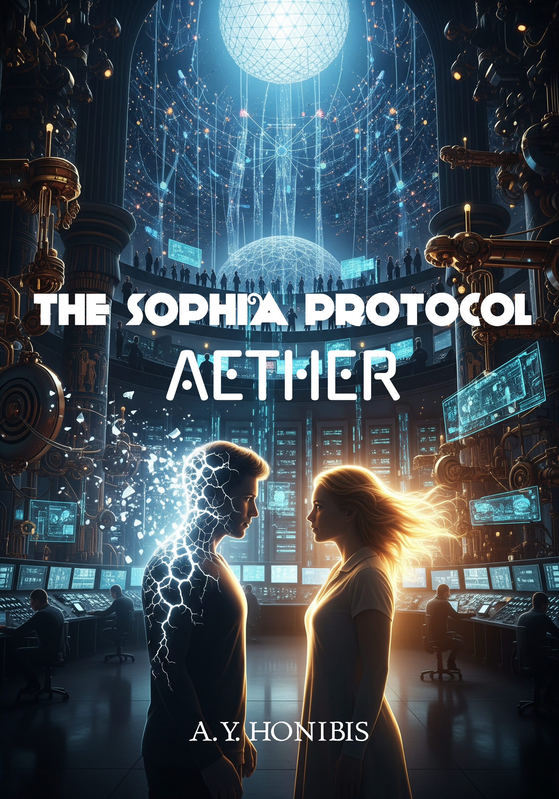 The Sophia Protocol: Aether book cover featuring two figures surrounded by light and technology in a futuristic control center
